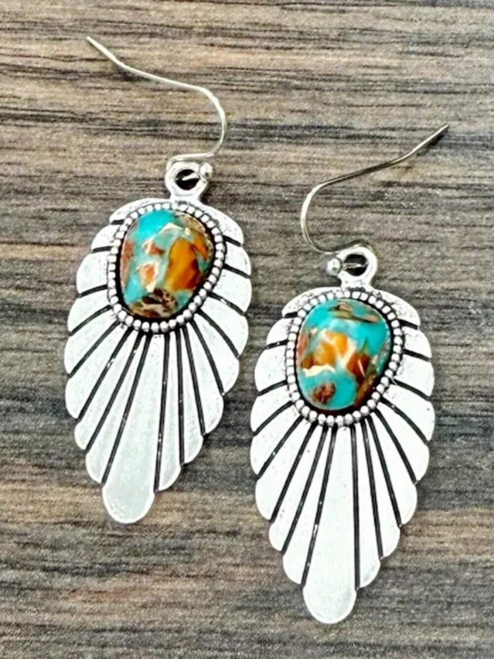 Turquoise Feather Earrings Western Boho Rodeo Silver Statement Dangle Earrings